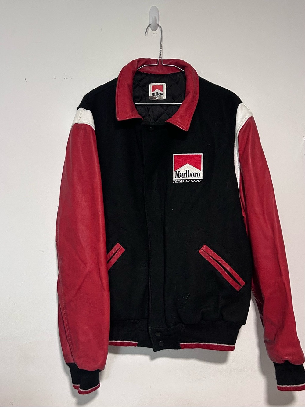 Vintage Marlboro Team Penske Red & Black Bomber Jacket Leather - Men’s Large